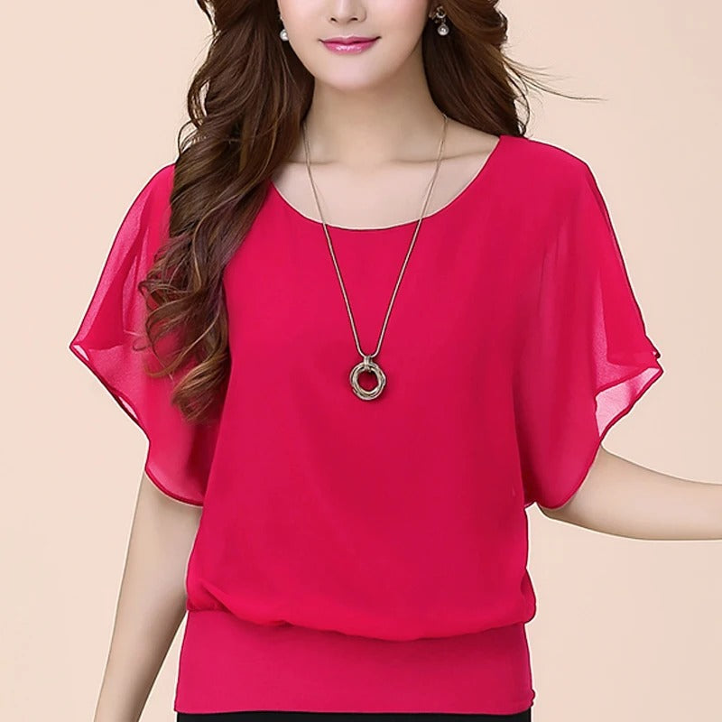Elegante Dames Chiffon Blouse met Ruches en Vleermuismouwen – Luchtig en Stijlvol
