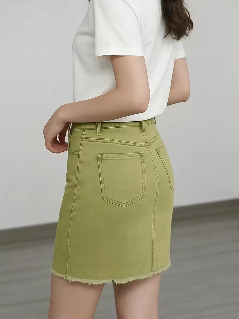 Dames Roze Denim Mini Rok met Hoge Taille en Rafelige Zoom