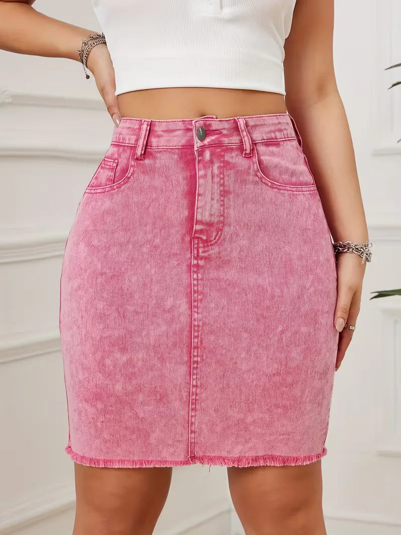 Dames Roze Denim Mini Rok met Hoge Taille en Rafelige Zoom