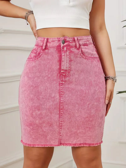 Dames Roze Denim Mini Rok met Hoge Taille en Rafelige Zoom
