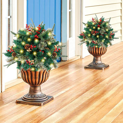 Kerst urn decoratie met LED-lampen | Realistische den takken & bessen | Binnen- en buitengebruik