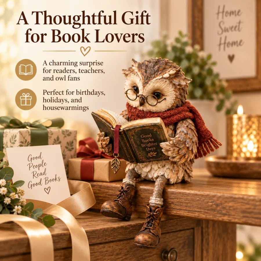 Leesende uil met bril en boek - Decoratieve figuur voor boekenliefhebbers