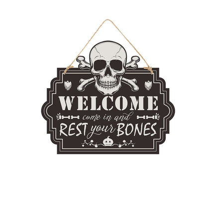 Halloween Deurbord – Houten Look Bordjes met Pompoen, Schedel en Heksendesigns