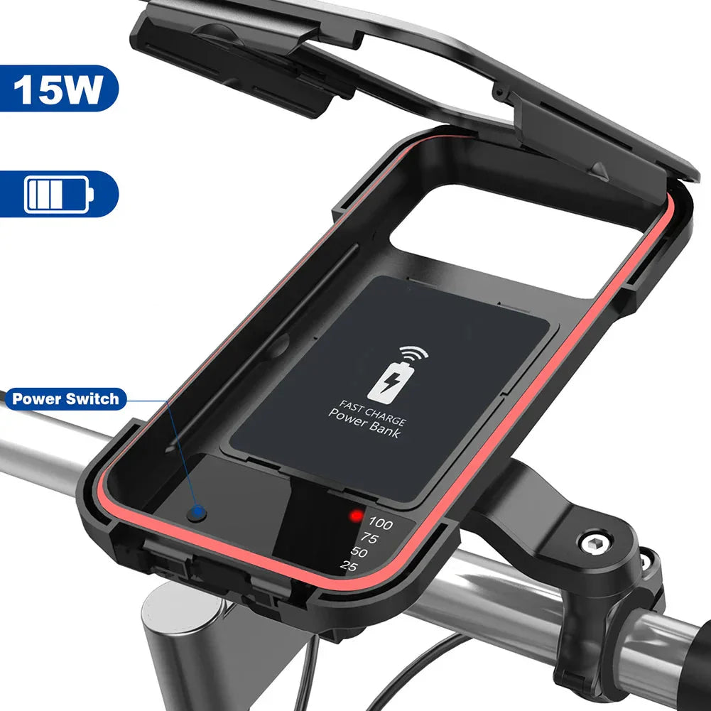 RideCharge Pro – Waterdichte Telefoonhouder met USB- en 15W Draadloos Opladen voor Fiets en E-Bike