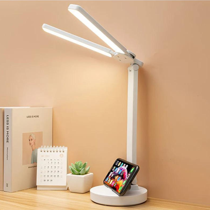 Verstelbare LED-bureaulamp met telefoonhouder - Oplaadbaar en dimbaar