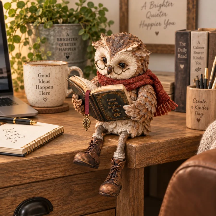 Leesende uil met bril en boek - Decoratieve figuur voor boekenliefhebbers