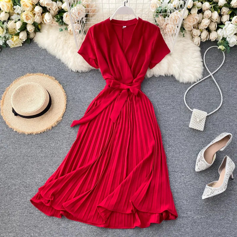 Eleganza Plissé Midi Jurk Met V-Hals