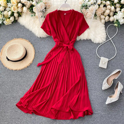 Eleganza Plissé Midi Jurk Met V-Hals