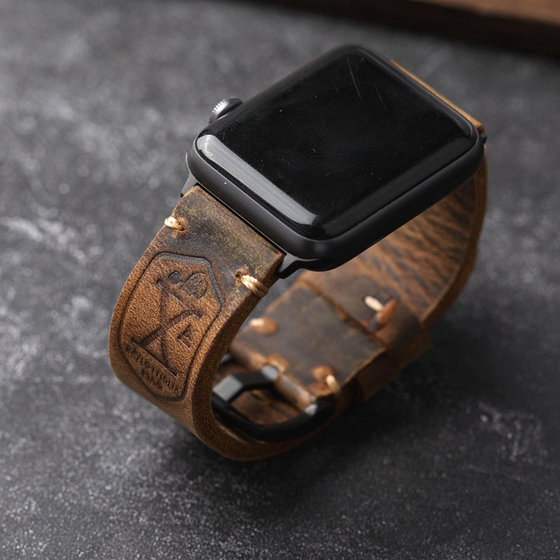 Vintage Volnerf Leren Apple Watch Band - Handgemaakt met Patina-Potentieel