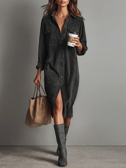 Dames Corduroy Midi Jurk met Knoopsluiting en Borstzakken