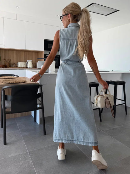 Dames Mouwloze Denim Jurk met Doorknoopsluiting Zomer