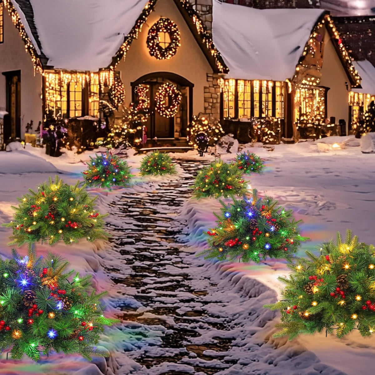 Kerst urn decoratie met LED-lampen | Realistische den takken & bessen | Binnen- en buitengebruik