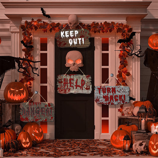 Halloween Deurbord – Houten Look Bordjes met Pompoen, Schedel en Heksendesigns