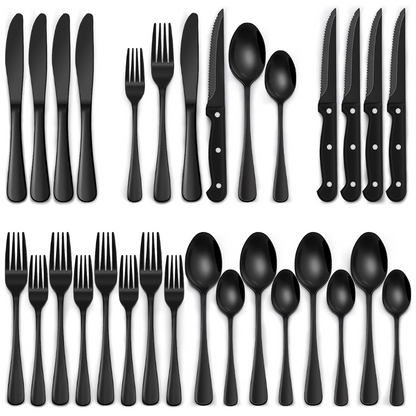 Luxe 24-Delige Zwarte Bestekset – Roestvrij Staal & Vaatwasmachinebestendig
