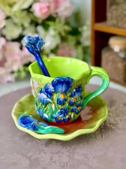 ArtSip Keramische Kop & Schotel Set – Handgeschilderd 3D Design geïnspireerd op Van Gogh