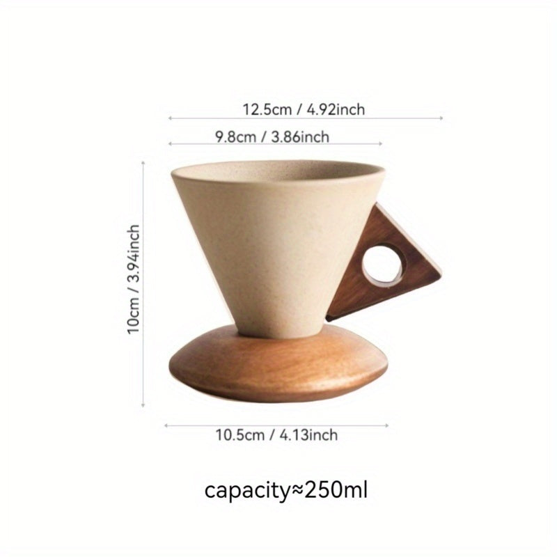 BaristaLuxe Keramische Koffiekop 250ml – Handgemaakt met Houten Handgreep en Onderzetter