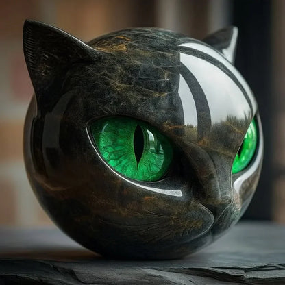 NoirCat Sculptuur – Zwart Kattenhoofd met Hypnotiserende Ogen