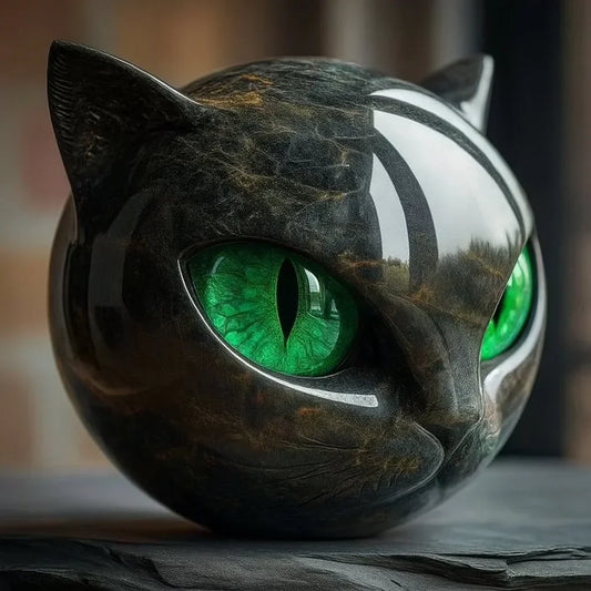 NoirCat Sculptuur – Zwart Kattenhoofd met Hypnotiserende Ogen