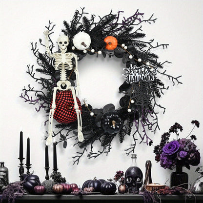Halloween Deurkrans met Skelet en Pompoen – Sfeervolle Seizoensdecoratie