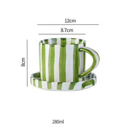 Gestreepte Retro Koffiemok met Schotel - Handgeschilderd Porselein