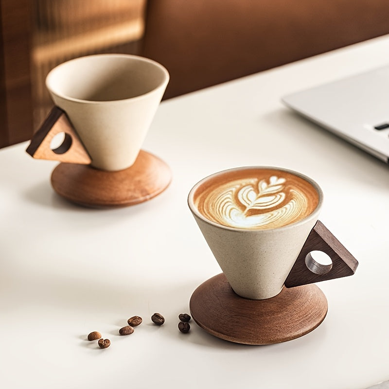 BaristaLuxe Keramische Koffiekop 250ml – Handgemaakt met Houten Handgreep en Onderzetter