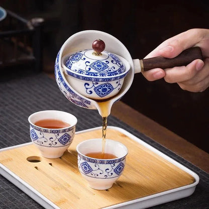 Porseleinen Gongfu Theeset met Houten Zijkant en Passend Deksel