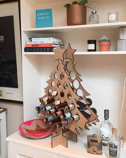 Adventskalender van hout | Kerstboomvorm | Vulbaar met bier, wijn & mini-flesjes