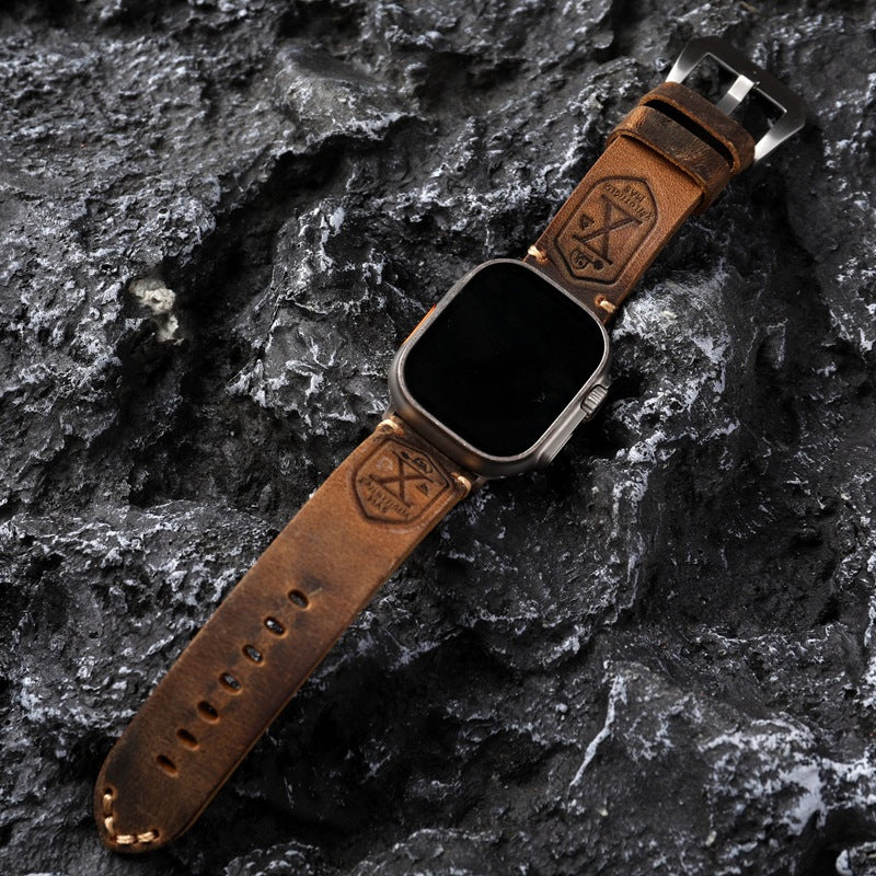 Vintage Volnerf Leren Apple Watch Band - Handgemaakt met Patina-Potentieel