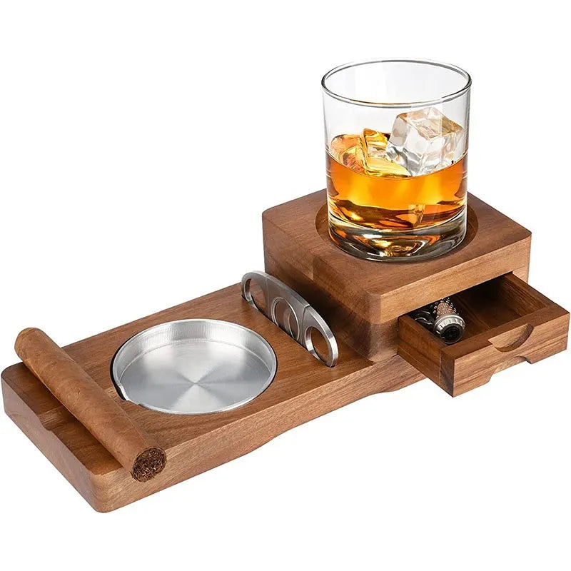 CigarOak Asbak met Whiskeyhouder – Luxe Houten Tray voor Sigarenliefhebbers