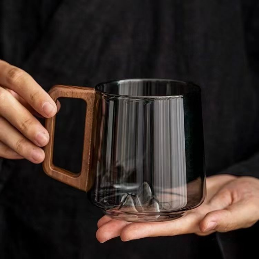 HoutGrip Glazen Mok 400 ml met Houten Handvat voor Warm en Koud
