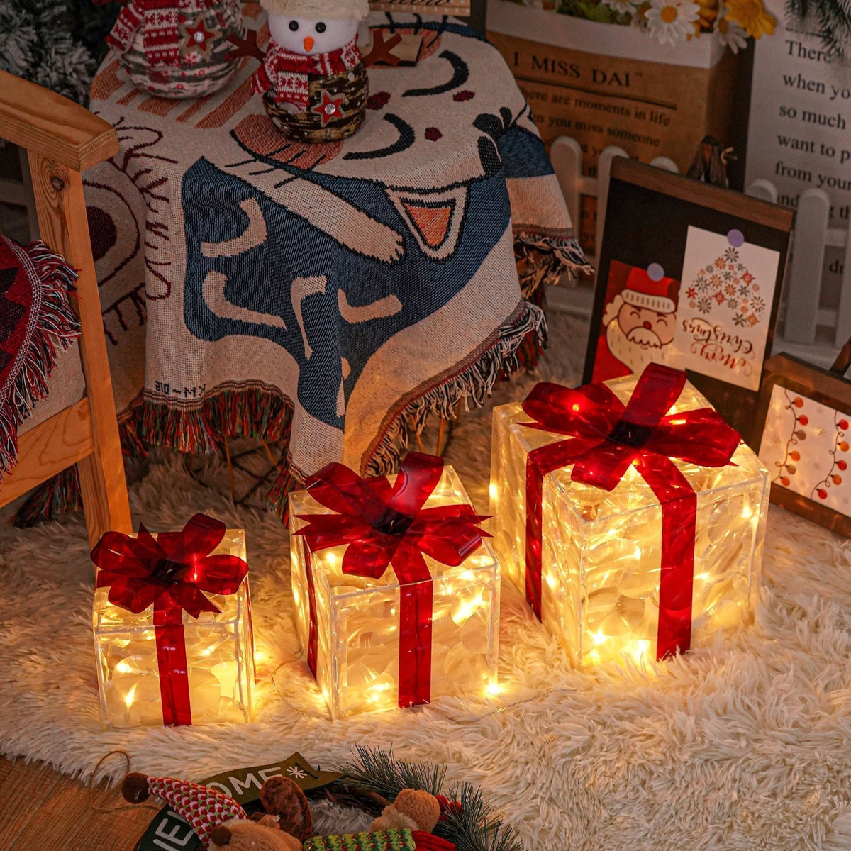 Feestelijke LED Geschenkdozen Set – 3 Verlichte Dozen voor Kerstdecoratie