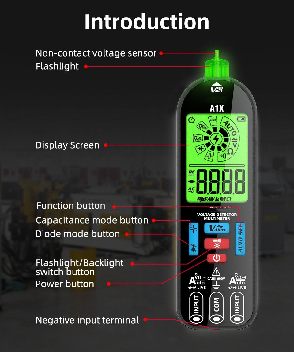 SmartVolt A1X Digitale Multimeter – Met Contactloze Spanningsdetectie & LCD-display