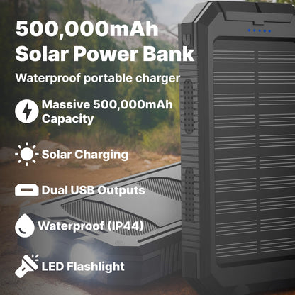 Zonne-energie Powerbank 500000mAh Waterdicht met Dual USB en LED Zaklamp