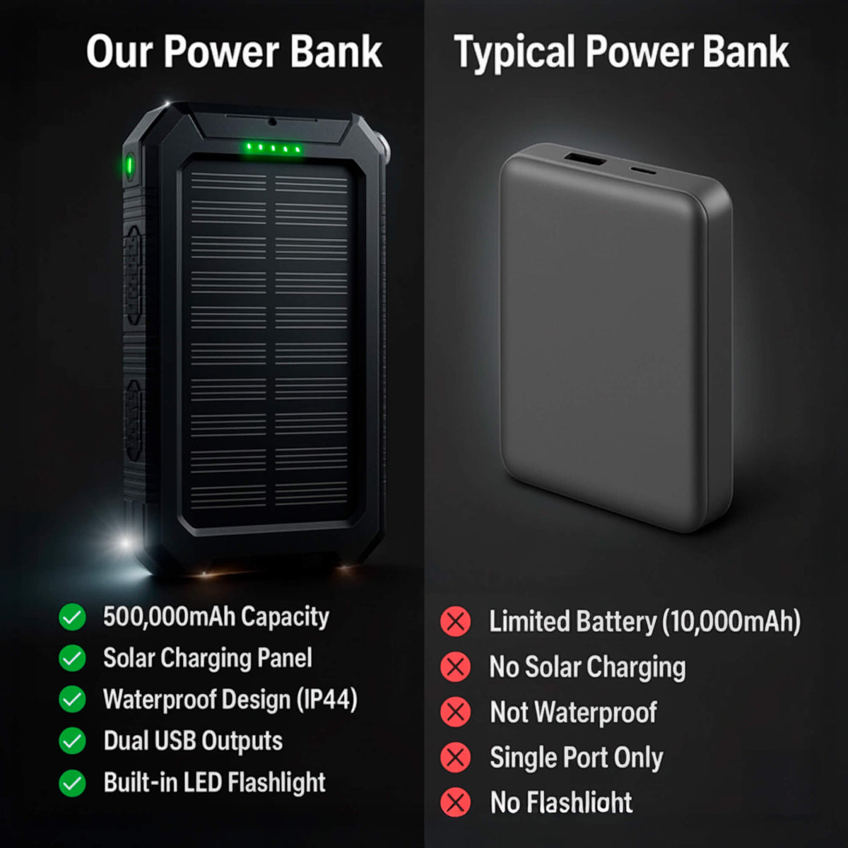 Zonne-energie Powerbank 500000mAh Waterdicht met Dual USB en LED Zaklamp