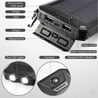 Zonne-energie Powerbank 500000mAh Waterdicht met Dual USB en LED Zaklamp