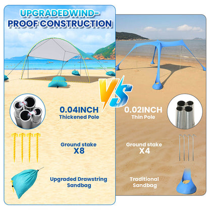 SolShade lichtgewicht zonneschuilplaats met UPF 50 en zandverankering – draagbaar en windbestendig