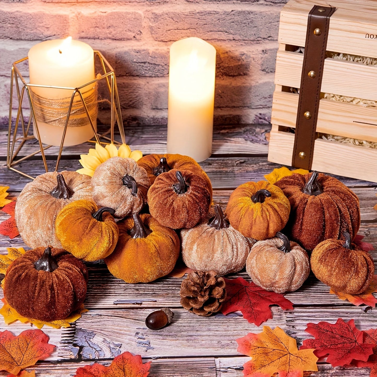 Herfstdecoratie PompoenSet – 12 Stuks Kunstmatige Pompoenen met Velvet Afwerking