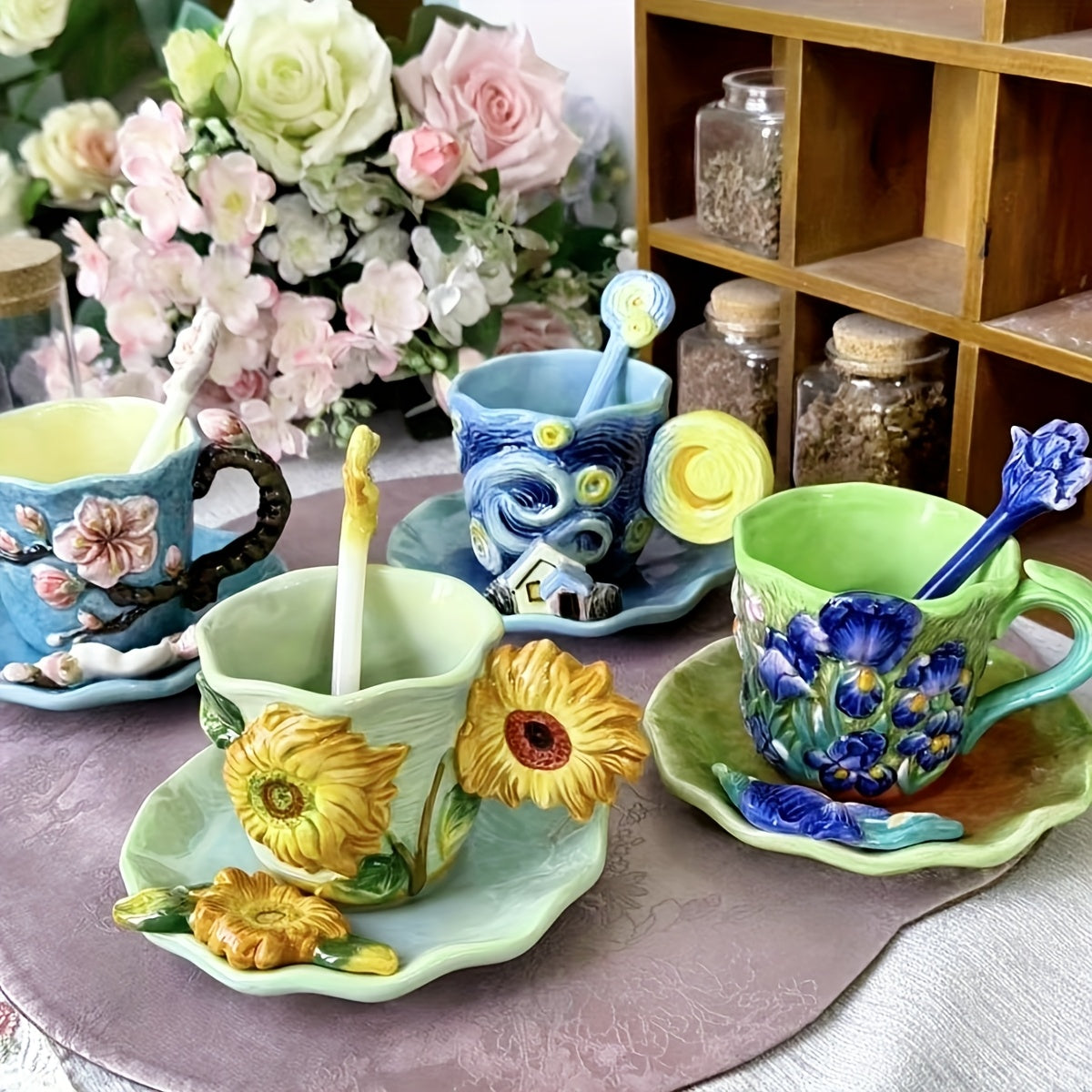 ArtSip Keramische Kop & Schotel Set – Handgeschilderd 3D Design geïnspireerd op Van Gogh