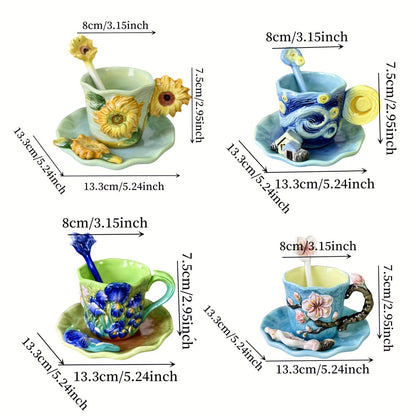 ArtSip Keramische Kop & Schotel Set – Handgeschilderd 3D Design geïnspireerd op Van Gogh