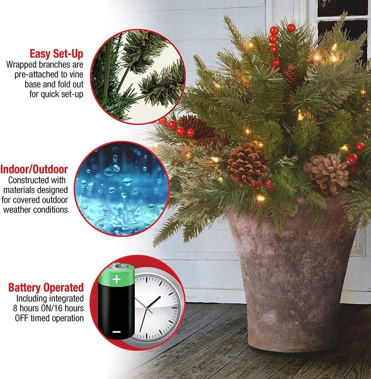 Kerst urn decoratie met LED-lampen | Realistische den takken & bessen | Binnen- en buitengebruik