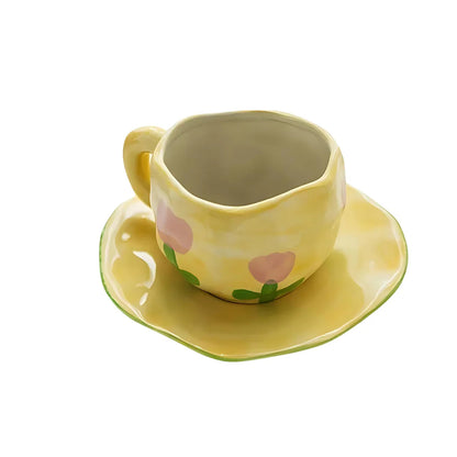 Handgemaakte Keramische Mok met Schotel - 250ml met Klassieke Patronen