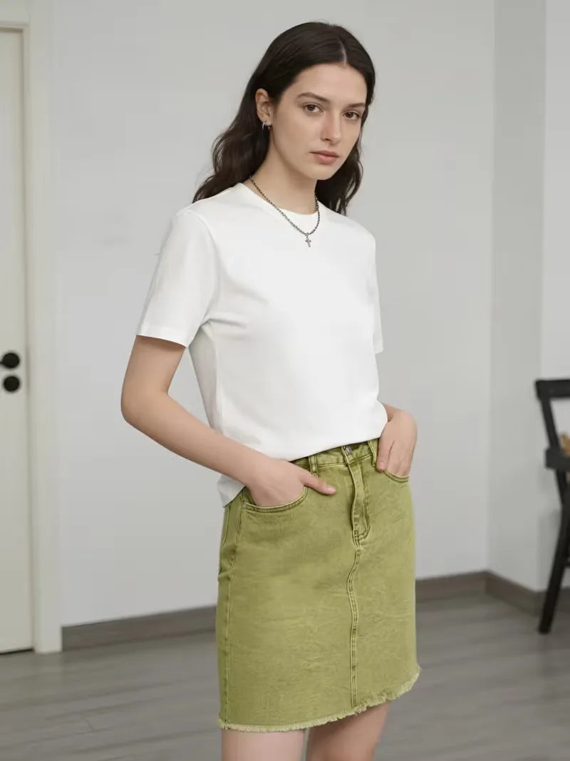 Dames Roze Denim Mini Rok met Hoge Taille en Rafelige Zoom