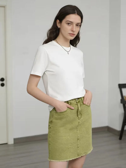Dames Roze Denim Mini Rok met Hoge Taille en Rafelige Zoom