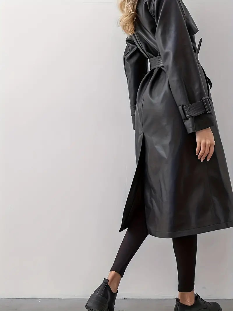 Eleganza Dames Leren Trenchcoat – Lang Model met Tailleriem en Dubbelzijdige Sluiting