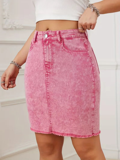 Dames Roze Denim Mini Rok met Hoge Taille en Rafelige Zoom