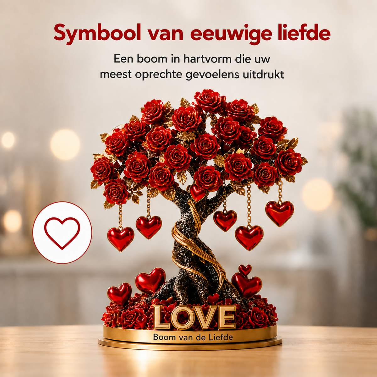 Kristallen Rozenboom Hartdecoratie met Gouden Basis – Romantische 2D Acryl Decoratie