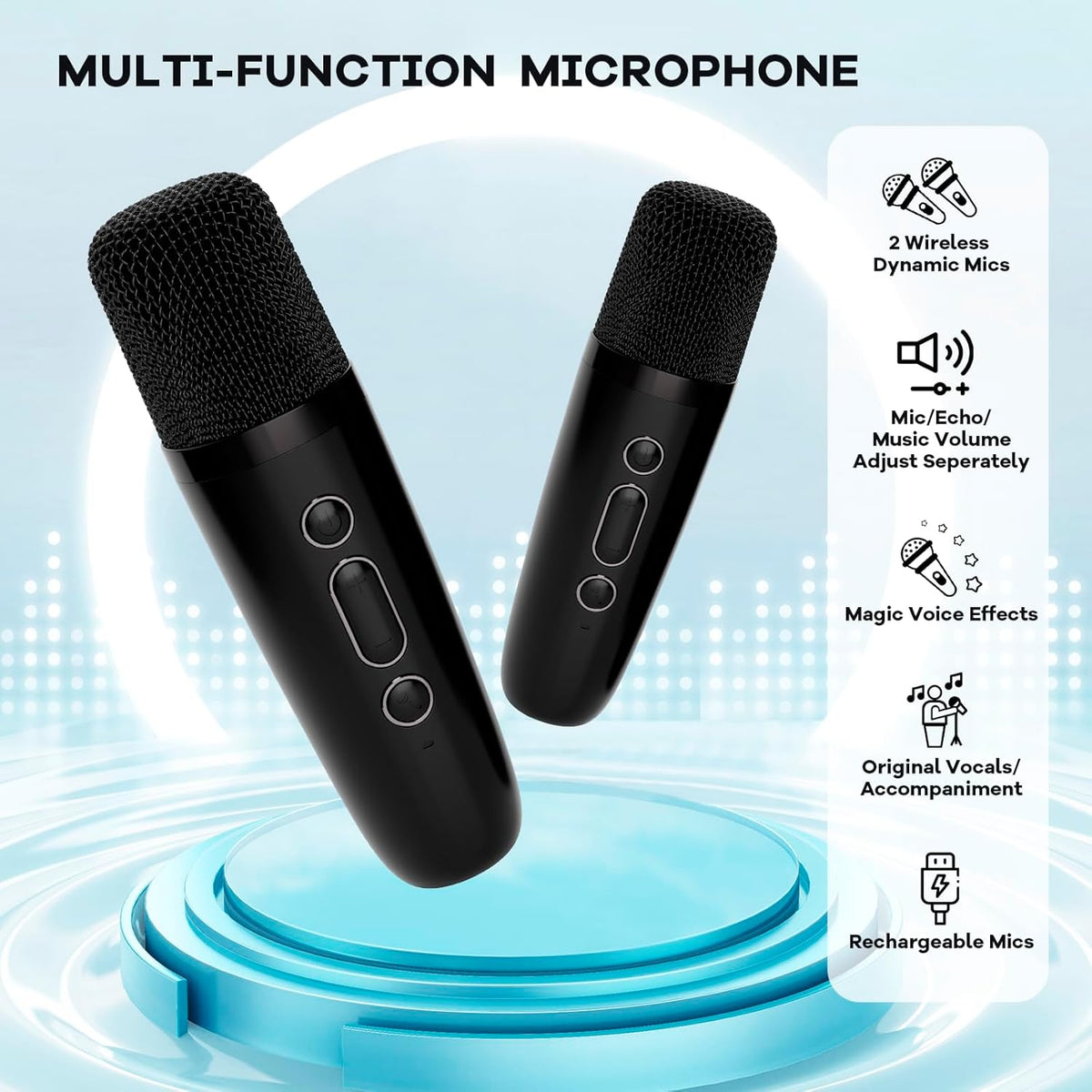 Skanto | Draagbare Mini-Karaoke-machine met Bluetooth-luidspreker en 2 Draadloze Microfoons – Veylo