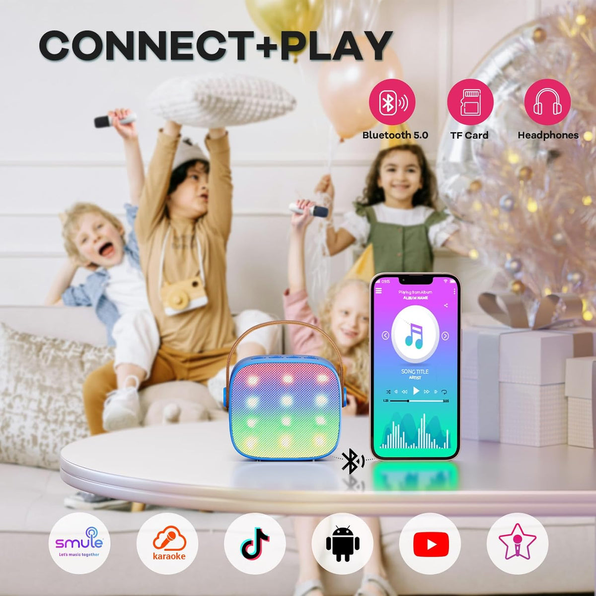 Skanto | Draagbare Mini-Karaoke-machine met Bluetooth-luidspreker en 2 Draadloze Microfoons – Veylo