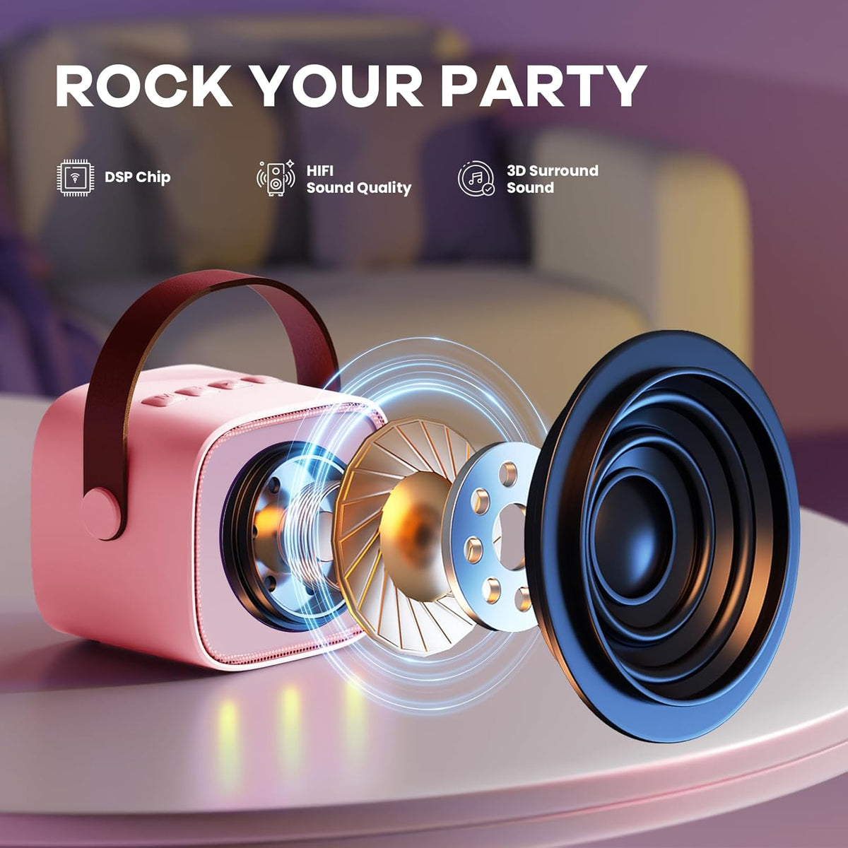 Skanto | Draagbare Mini-Karaoke-machine met Bluetooth-luidspreker en 2 Draadloze Microfoons – Veylo