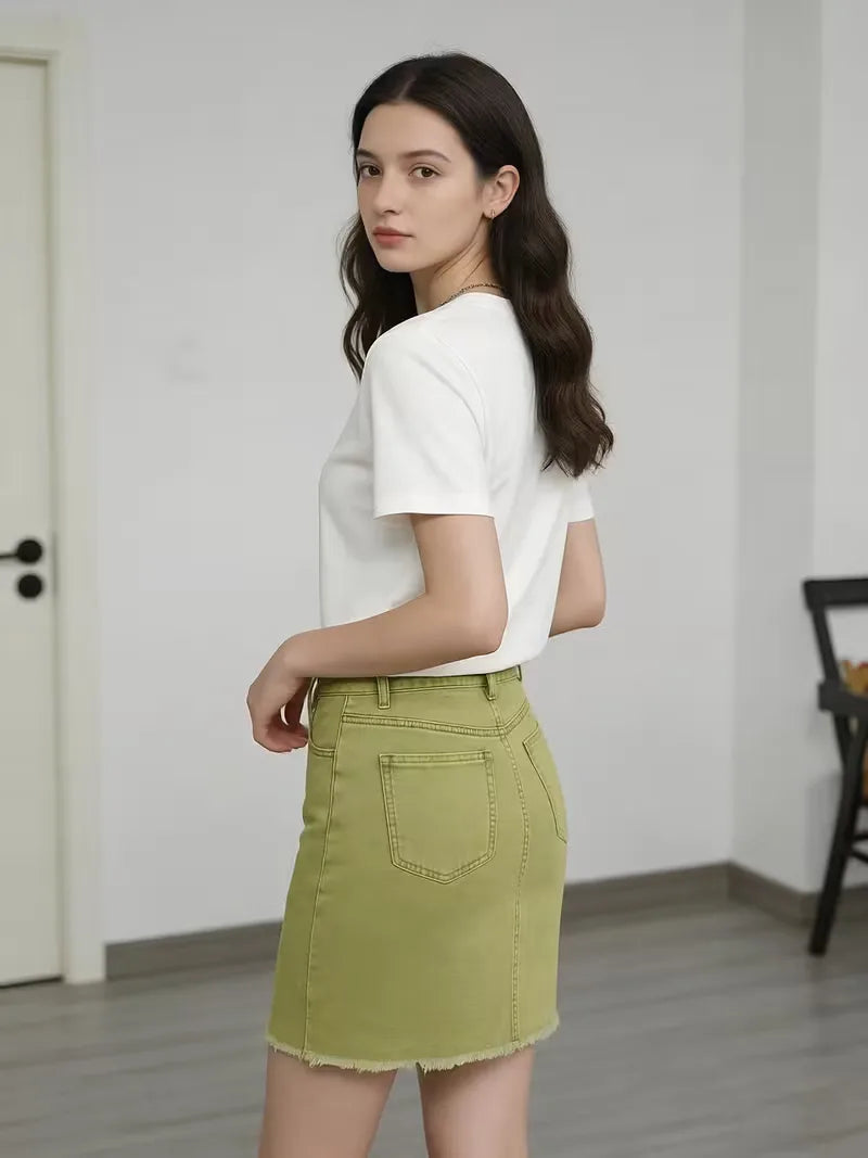 Dames Roze Denim Mini Rok met Hoge Taille en Rafelige Zoom